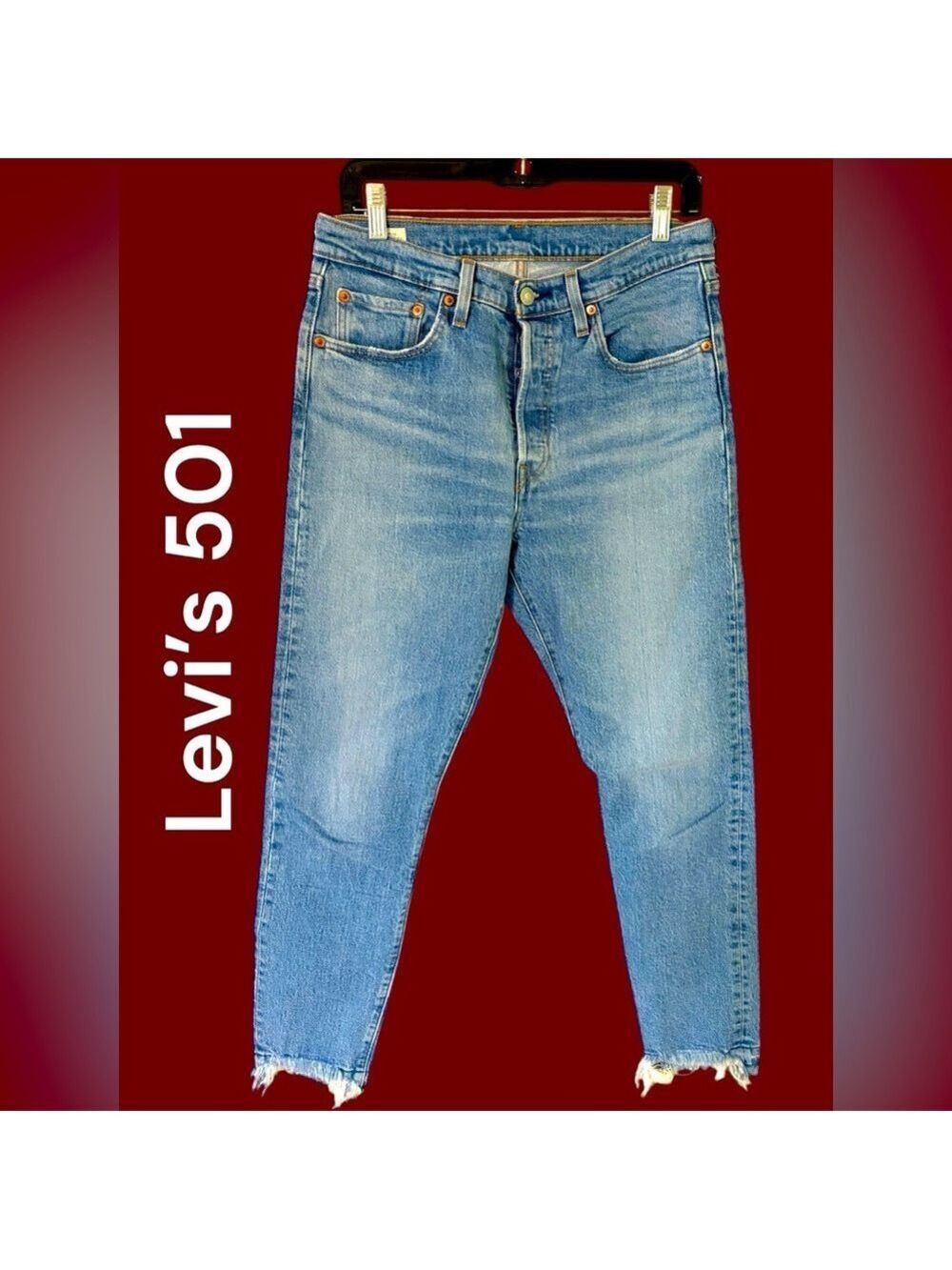Levi’s-women’s button fly 501 jeans. 28x28 light wash/frayed hem. Excellent cond